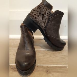 Brown leather with leopard print two tone ankle boots